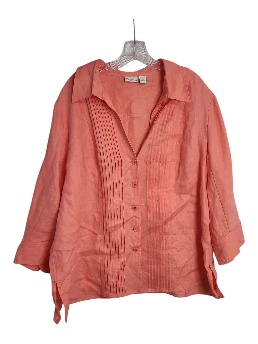 Kim Rogers Coral Pink 100% Linen Pin Tuck Button Up Blouse Size 2X